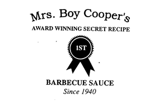 mrs. boy cooper's award winning secret recipe 1st barbecue sauce since 1940