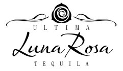 the mark consists of a rose within 4 different sized moon crescents depicting rose pedals and wavy lines with more than one curve on each side of the rose above the stylized terms "ultima luna rosa tequila".