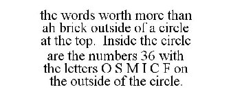 the words worth more than ah brick outside of a circle at the top. inside the circle are the numbers 36 with the letters o s m i c f on the outside of the circle.