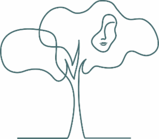 rounded tree drawing with a woman's profile embedded within the tree.