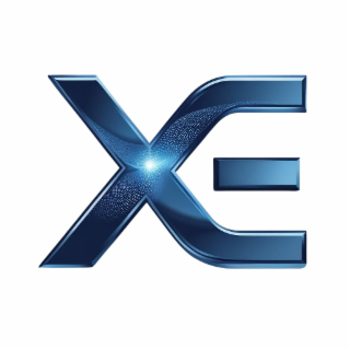 the mark consists of stylized capital letters "x" and "e" in metallic blue with a glowing light at the center of the x, in a futuristic and high-tech design.