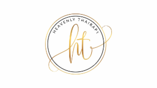 the mark consists of the stylized text “heavenly thairapy” in an uppercase serif font, arranged in a semicircular arc along the upper half of the design. below this text, the lowercase letters “ht” are prominently featured in an elegant script font with f