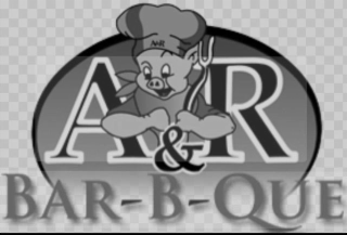 the mark consists of a cartoon pig wearing a chef's hat and apron, centered in front of the stylized letters "a & r" in large white serif font, outlined in black. the pig is smiling and holding a meat fork in its right hoof. the pig's chef hat includes th