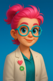 no evidence or words in drawing.  there are two pins on the lab coat.  they consist of a heart and a circle.