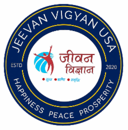 trademark logo description for jeevan vigyan usa the mark consists of a circular emblem with two concentric circles. the outer ring is dark blue with a thin golden yellow border. within the outer ring, the top arc contains the words "jeevan vigyan usa" in