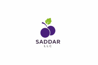 words and letters: saddar llchow its written/punctuation: saddar is written on the first line in black letters, and right below it, in smaller letters it says llc in gray letter numbers: no numbers listed appearance: 2 purple phalsa berries, with 1 purple