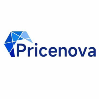 the logo of pricenova features a geometric icon on the left side composed of nine blue polygonal fragments, each with a different shade of blue. to the right of the icon, the english word "pricenova" is displayed in dark blue font. the overall style is si