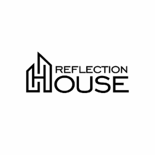 the logo features two words: 'reflection' and 'house'. the word 'reflection' is positioned above 'house'. the letter 'h' in 'house' is uniquely stylized, with its outer lines designed to resemble the outline of a house.