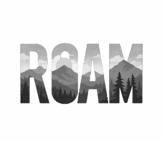 the mark consists of the word roam with stylized trees and sunrise/sunset integrated into the letters.