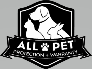 all pet with a paw print separating the words. below this wording is the wording protection + warranty