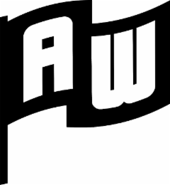 the mark consists of a flag oriented to appear spread to the right and attached to a pole at the left side of the flag displaying the letters"aw".