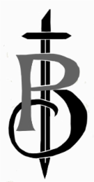 capital "p" is grey. capital "b" - top half overlaps with the grey "p" and the bottom half is black. the font is cursive. a black sword is going through both the "p" and the "b".