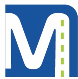 the letter m with a graphic depiction of a roadway lane line separator on the right side of the “m” from top to bottom