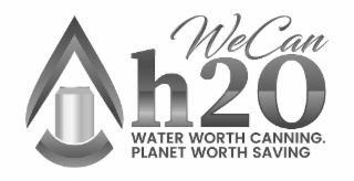 the mark consists of the stylized wording "wecan h2o" and the phrase "water worth canning. planet worth saving." to the left of the wording is a stylized water droplet design, within which is a depiction of an aluminum can. the word "wecan" appears in a c