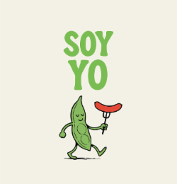 soyyo logo with an animated soybean holding a sausage on a large fork