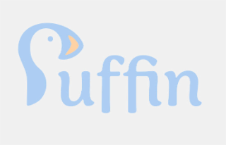the stylized word "puffin" in light blue lettering. the letter "p" is designed in the shape of a puffin bird’s head and neck, with a white face, a small dark blue eye, and an orange and light blue beak. the remaining letters "uffin" appear in a rounded, s