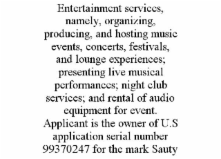 entertainment services, namely, organizing, producing, and hosting music events, concerts, festivals, and lounge experiences; presenting live musical performances; night club services; and rental of audio equipment for event. applicant is the owner of u.s