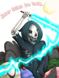 reaper gelato ice cream , reaper wolf gelato , rgic , reaper powers , reaper holding katana , grave cakes  , pudding , ice cream , gelato , sun , moon , butterflies , cake ,shuriken , ninja star , katana
