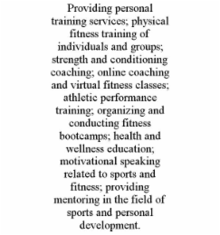 providing personal training services; physical fitness training of individuals and groups; strength and conditioning coaching; online coaching and virtual fitness classes; athletic performance training; organizing and conducting fitness bootcamps; health 