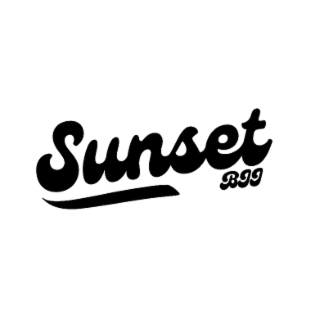 "sunset" in script font, swoosh line, stylized letters "bjj"