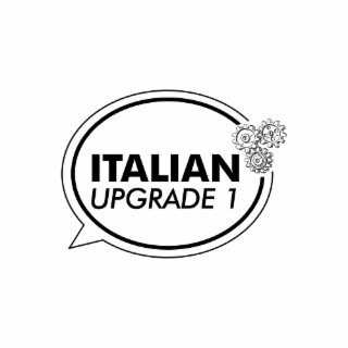 literal element italian upgrade to the left of the 3-gear illustration and enclosed within an ellipse-shaped speech bubble. the number after italian upgrade will be 1,2,3,4,5, or 6, depending on the course level.