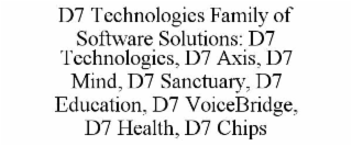 d7 technologies family of software solutions: d7 technologies, d7 axis, d7 mind, d7 sanctuary, d7 education, d7 voicebridge, d7 health, d7 chips