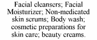 facial cleansers; facial moisturizer; non-medicated skin serums; body wash; cosmetic preparations for skin care; beauty creams.