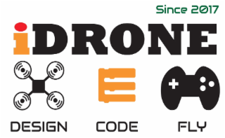 the mark consists of the main text "idrone" with lowercase "i" and uppercase letters "d", "r", "o", "n", "e", accompanied by the tagline "since 2017" in green text in the upper right corner and three descriptive words "design", "code", and "fly" appearing