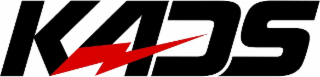 stylized wording "kads" in black with the arm of the "a" represented by a red lightning bolt. the color white represents background and is not part of the mark.