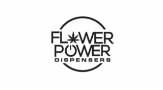flower power dispensers appears in the middle of a circle with flower as the top word underneath the upper half of the circle, power as the middle word, and dispensers as the bottom word above the lower half of the circle.. the "o" in flower is a leaf wit