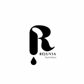 the mark consists of a stylized letter “r” formed with abstract curves, suggestive of flowing liquid or botanical elements, with a droplet shape centered directly below it. beneath the droplet, the literal elements “rejuvia nutrition” appear in two lines;