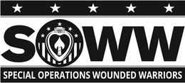 the mark consists of a horizontal rectangular banner with 5 stars across the top, soww including a purple heart medal within the o across the center, and special operations woulded  warrior across the bottom.