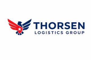 thorsen logistics groupthe mark consists of an abstract eagle design with outstretched wings in red and navy blue, a white star centered on the chest and the wording "thorsen logistics group" in navy blue.