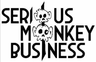 'serious monkey business', stylized with embedded monkey skulls on a stake icon representing 'o's and an 'i'
