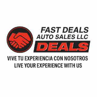 the mark consists of a red and black circular design depicting two stylized hands shaking to the left of the word “deals” in red letters with white shadow on a black slanted rectangle, above the words “fast deals auto sales llc” in black capital letters. 