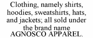 clothing, namely shirts, hoodies, sweatshirts, hats, and jackets; all sold under the brand name agnosco apparel.