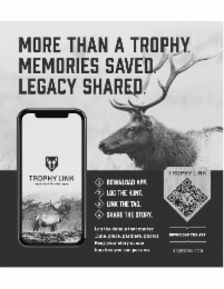 the mark consists of the stylized wording “trophy link” in bold, capitalized, sans-serif letters, with the word “trophy” in dark brown and “link” in a vibrant lime-green color. the logo also includes a shield design with symmetrical deer antlers in dark b