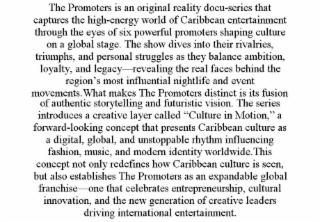 the promoters is an original reality docu-series that captures the high-energy world of caribbean entertainment through the eyes of six powerful promoters shaping culture on a global stage. the show dives into their rivalries, triumphs, and personal strug