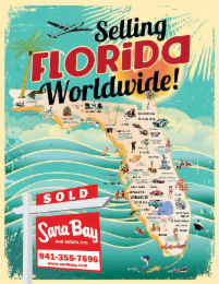 the mark consists of the wording selling florida worldwide! in stylized lettering written on three lines. the words selling and worldwide! appear in black. the word florida in red with a white outline. a white selling post with two red signs appears to th