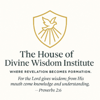 the mark consists of a stylized design of a dove descending over seven radiant gold pillars arched to form the shape of a house within a shield outline. beneath the design appears the wording “the house of divine wisdom institute” in gold serif font and t