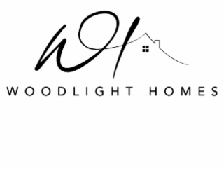 the mark consists of the words “woodlight homes” in a clean, modern, sans-serif typeface. the word “woodlight” appears above the word “homes,” which is centered and displayed in smaller lettering. above the text is a stylized roofline design composed of t