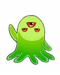 a stylized depiction of a green, blob-like creature with three red eyes and a raised arm-like appendage on its left side