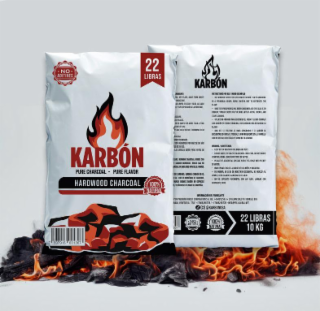 karbÓn in big red bold lettering with an orange fire tinged with a black outline to signify smoke. karbÓn in black and white bold lettering with a black and white flame in the background.  karbÓnusa is also indicated on the back of the packaging and is pa
