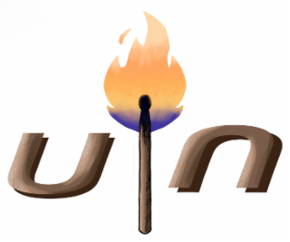 orange, yellow, blue and brown colors; letters of a u and n.