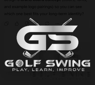 two golf clubs crossing one another  with a g and a s on top of the clubs.the words golf swing  play, learn,improve beneath the image with the image of a golf ball in place of the letter "o" in golf.