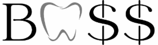 the mark includes the word "boss" spelled with the "o" as a molar, i.e. a tooth, and the two "s" characters replaced by u.s. dollar symbols.  the characters are identical in size. the molar is made up of broken strokes of varying widths.