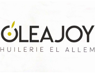 the mark consists of the stylized wording 'oleajoy' in black letters arranged vertically. the letter 'o' in 'oleajoy' is designed as a circular shape with a gold/olive colored dot in the center and a gold/olive colored olive leaf shape extending to the ri