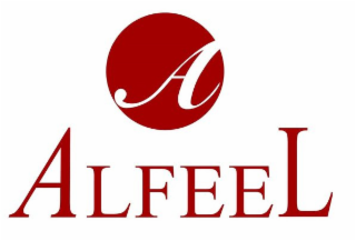 the mark consists of a red dot with a stylized letter "a" appearing within the same, and under the red dot is the red stylized wording "alfeel". the color white in the mark represents background and is not part of the mark.