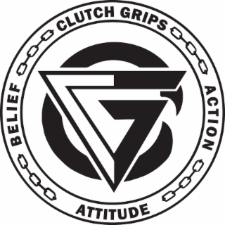 the letters c & g that stand for clutch grips the letter c is grabbing the g  there is chain between belief attitude action & the word clutch grips belief  clutch grips  action  attitude bold lettering