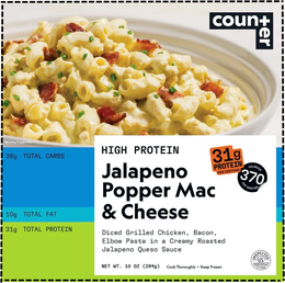 counter high protein jalapeno popper mac & cheese diced grilled chicken, bacon, elbow pasta in a creamy roasted jalapeno queso sauce net wt. 10 oz (284g) cook thoroughly • keep frozen u.s. inspected and passed by department of agriculture est. 17644 31g p